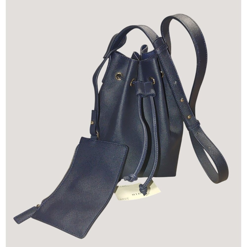 Hide Zabari Navy Blue Drawstring Bucket Bag Detachable Pouch Adjustable Strap